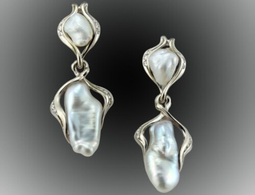 Art Nouveau Baroque Pearl and Diamond 14KW Earrings